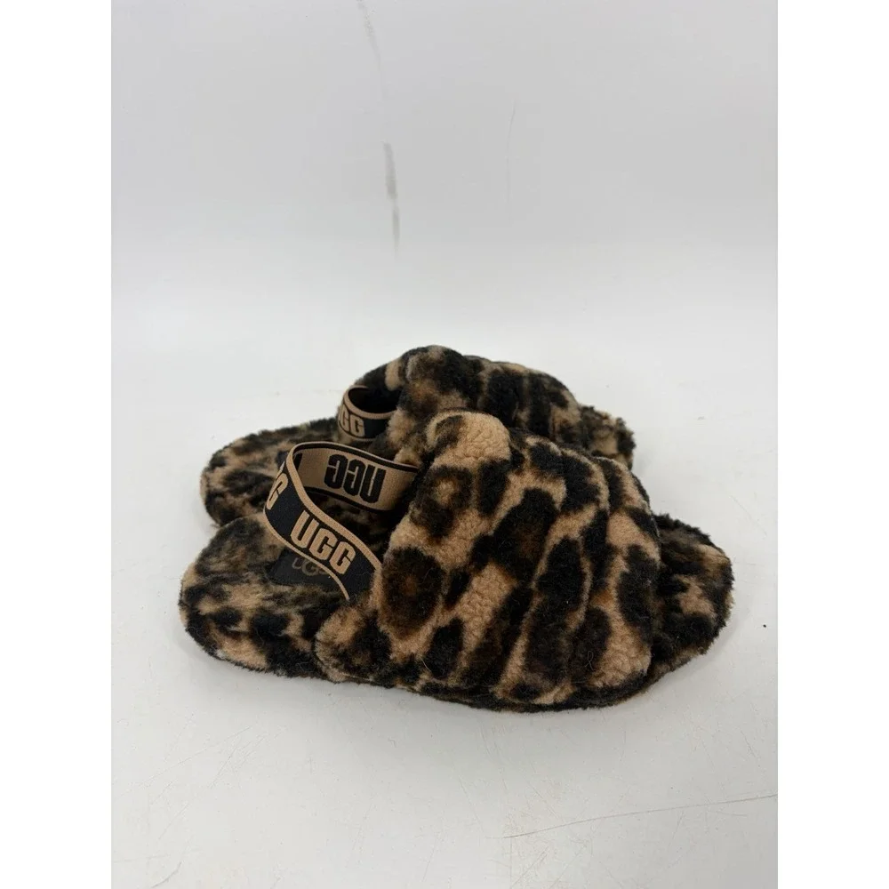 UGG Fluff Yeah Slides Girls Panther Print Slipper Slip On Brown Size 2 Fuzzy